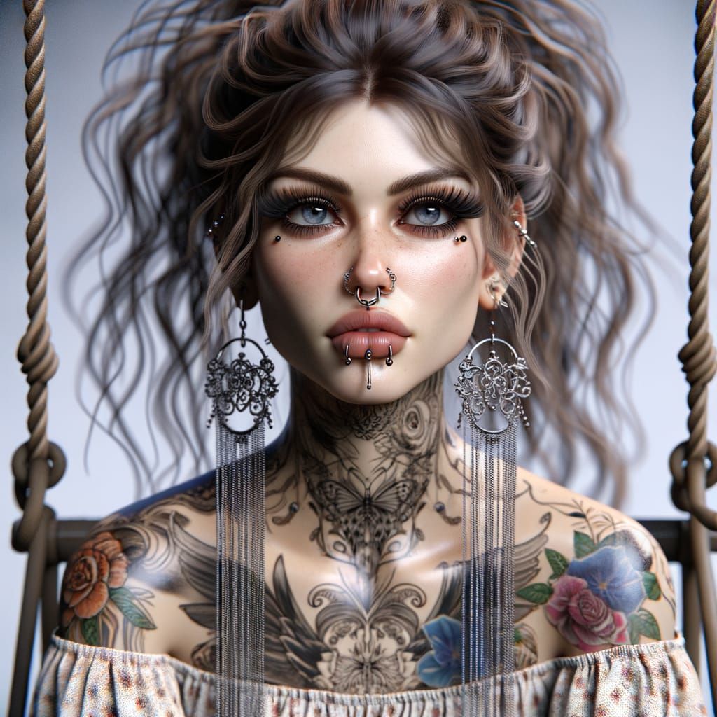 Full length view, photorealism, a woman, adorned in tattoos ...