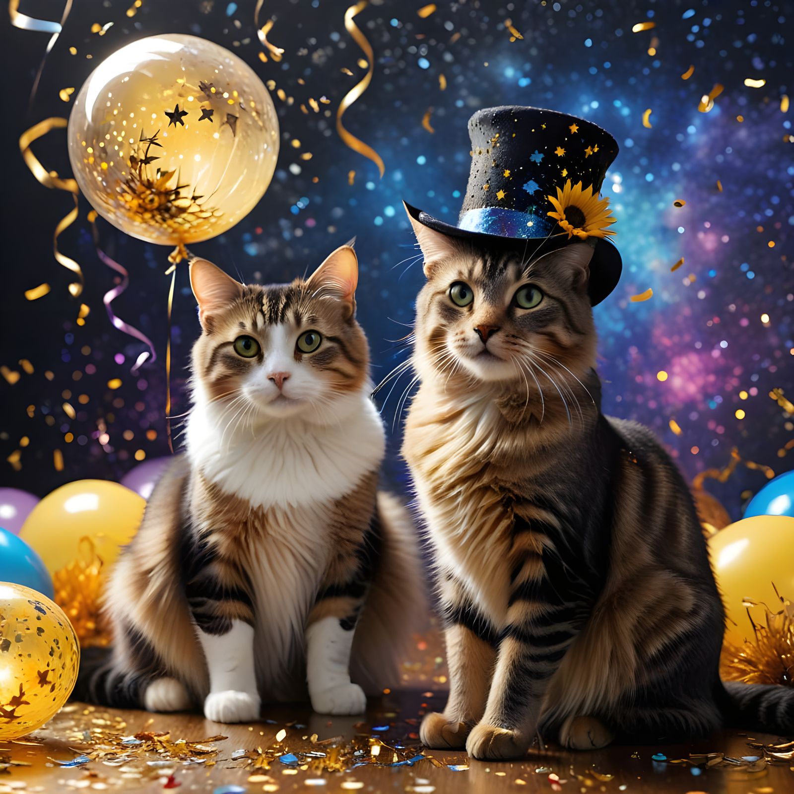Cats Celebrating New Year in Vibrant Post-Impressionist Styl...