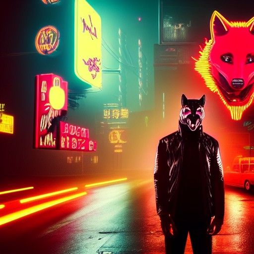 Cyberpunk German Man in Bloody Fox Mask, Neon Miami Streets