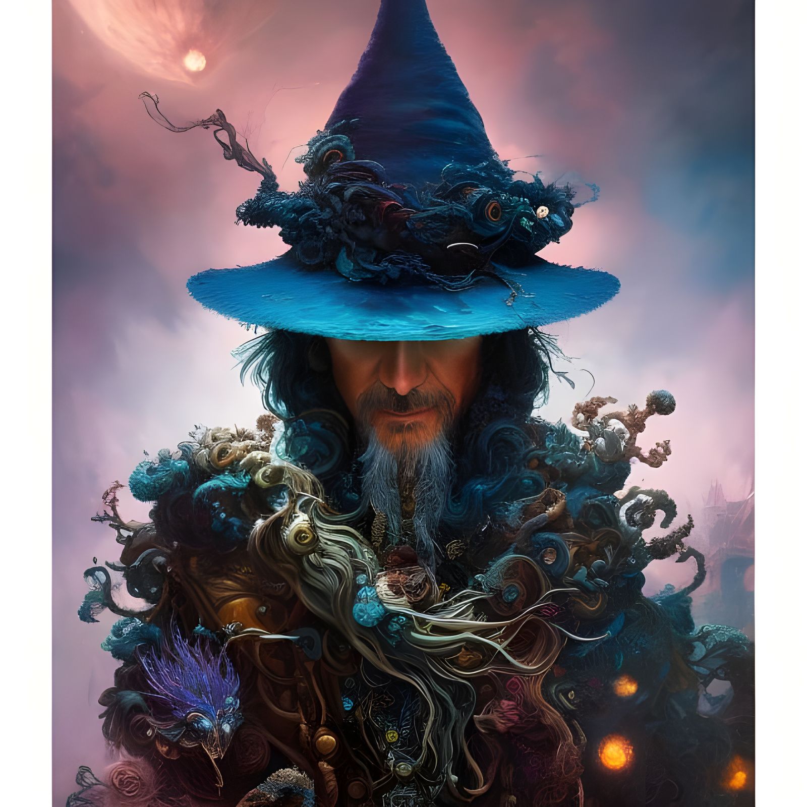 Mystical Wizard with Gemstone Accents and Celestial Spirals