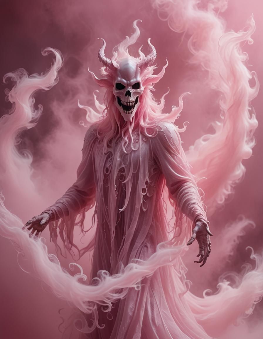 Bubblegum pink wispy stringy ghost-like demon floating in a pink misty atmosphere