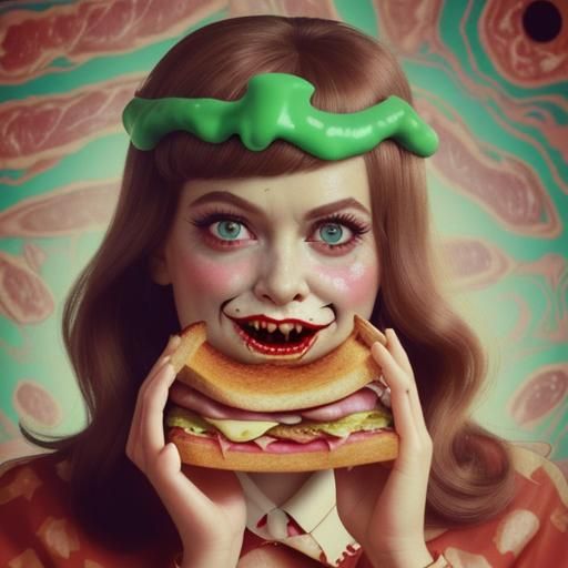 In photorealistic detail; fashionable babe eating a monstrous sandwich with human face as meat; vintage tv studio progra...