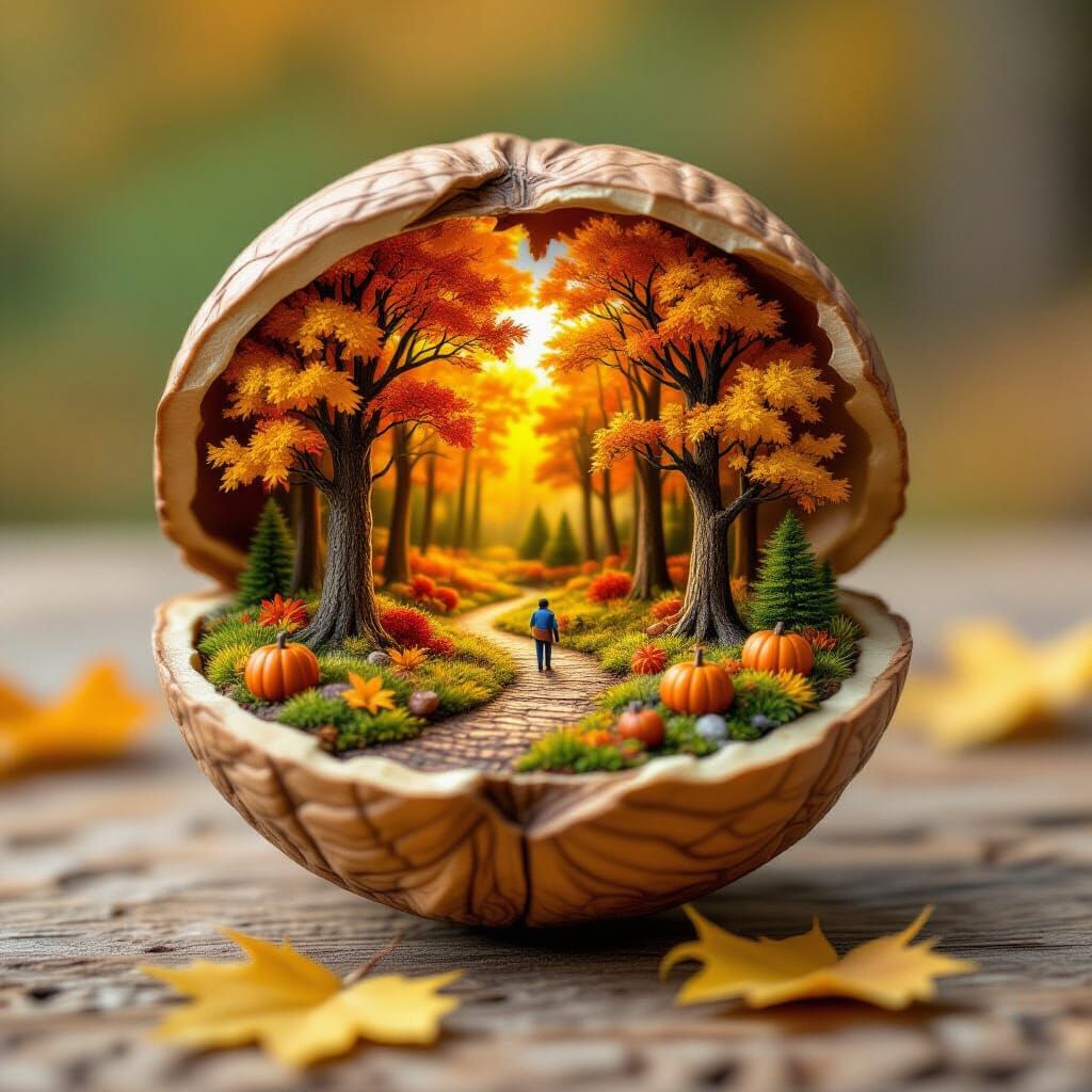 Miniature Autumn forest inside a walnut shell