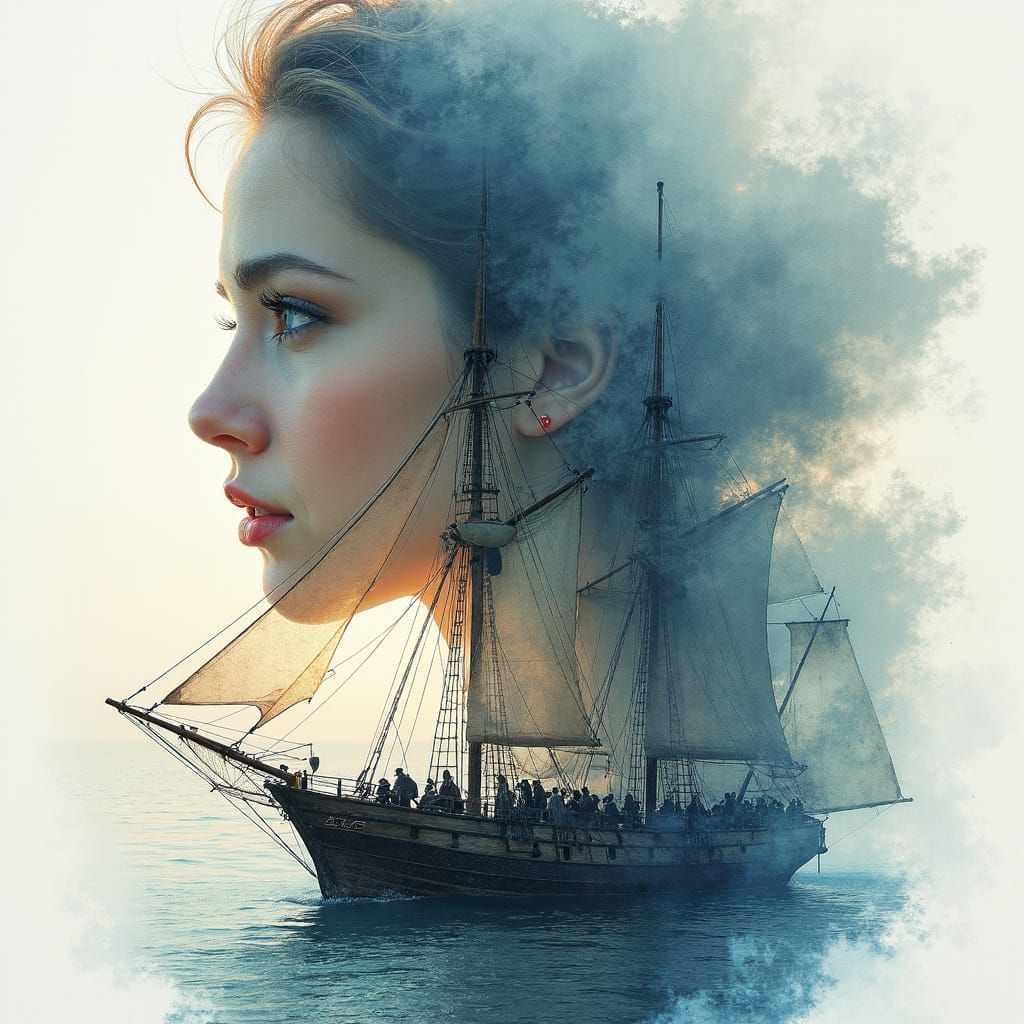 Portrait Sailing Ship Digital watercolor Illustration with Dual Exposure of seascape boats inside the portarait, b...