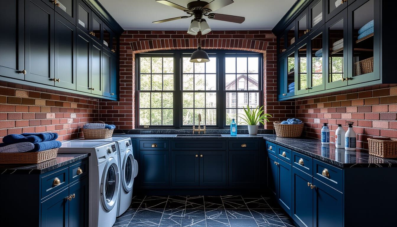 Victorian Laundry Room with Dark Blue and Brick Accents