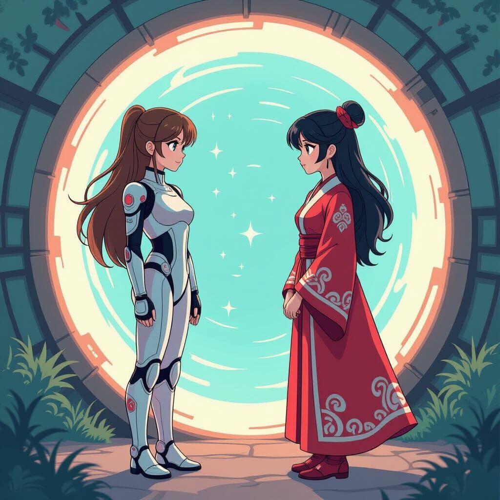 Anime Women Meet Through Portal in Cartoon Style