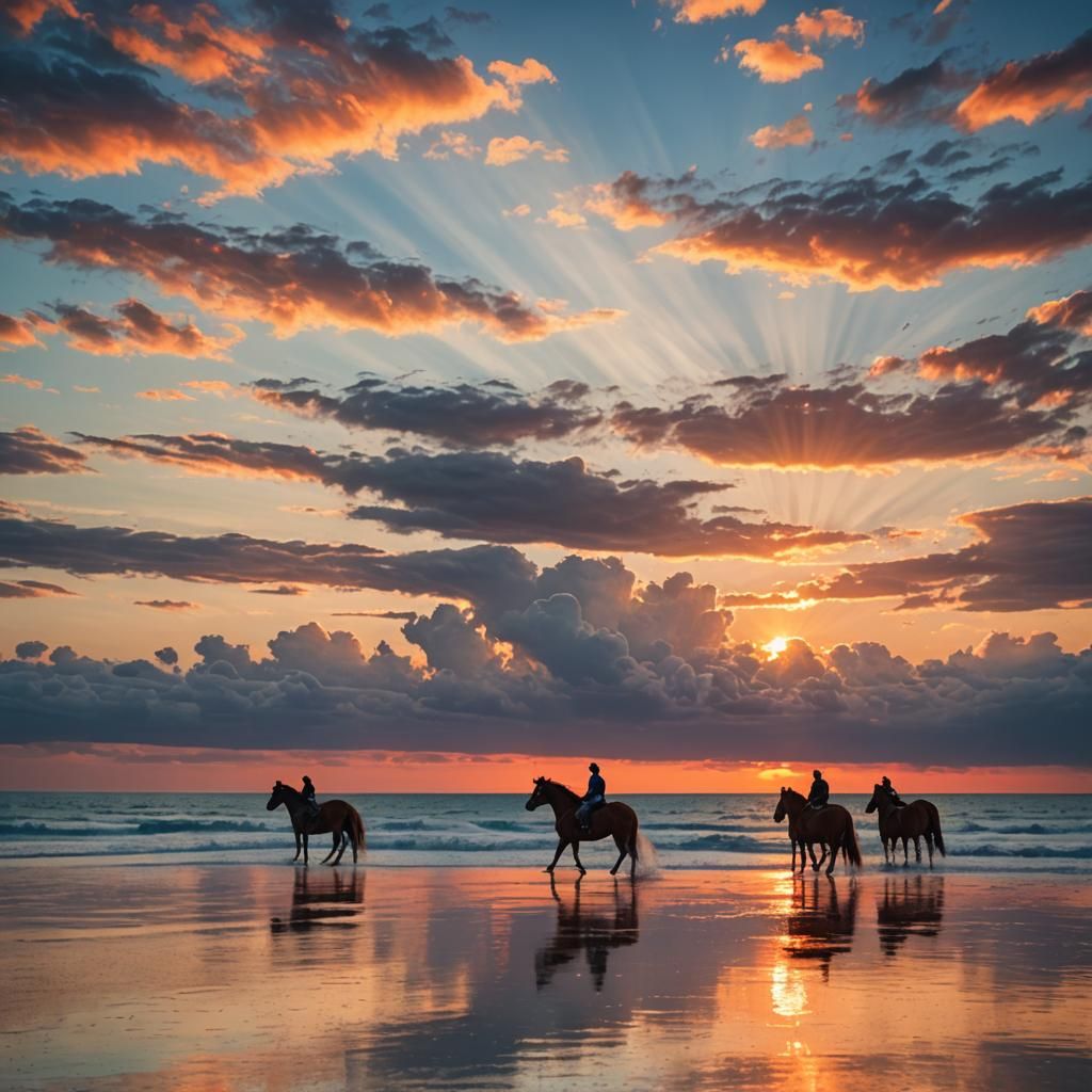 Radiant Sunset with Majestic Horses in Serene Countryside