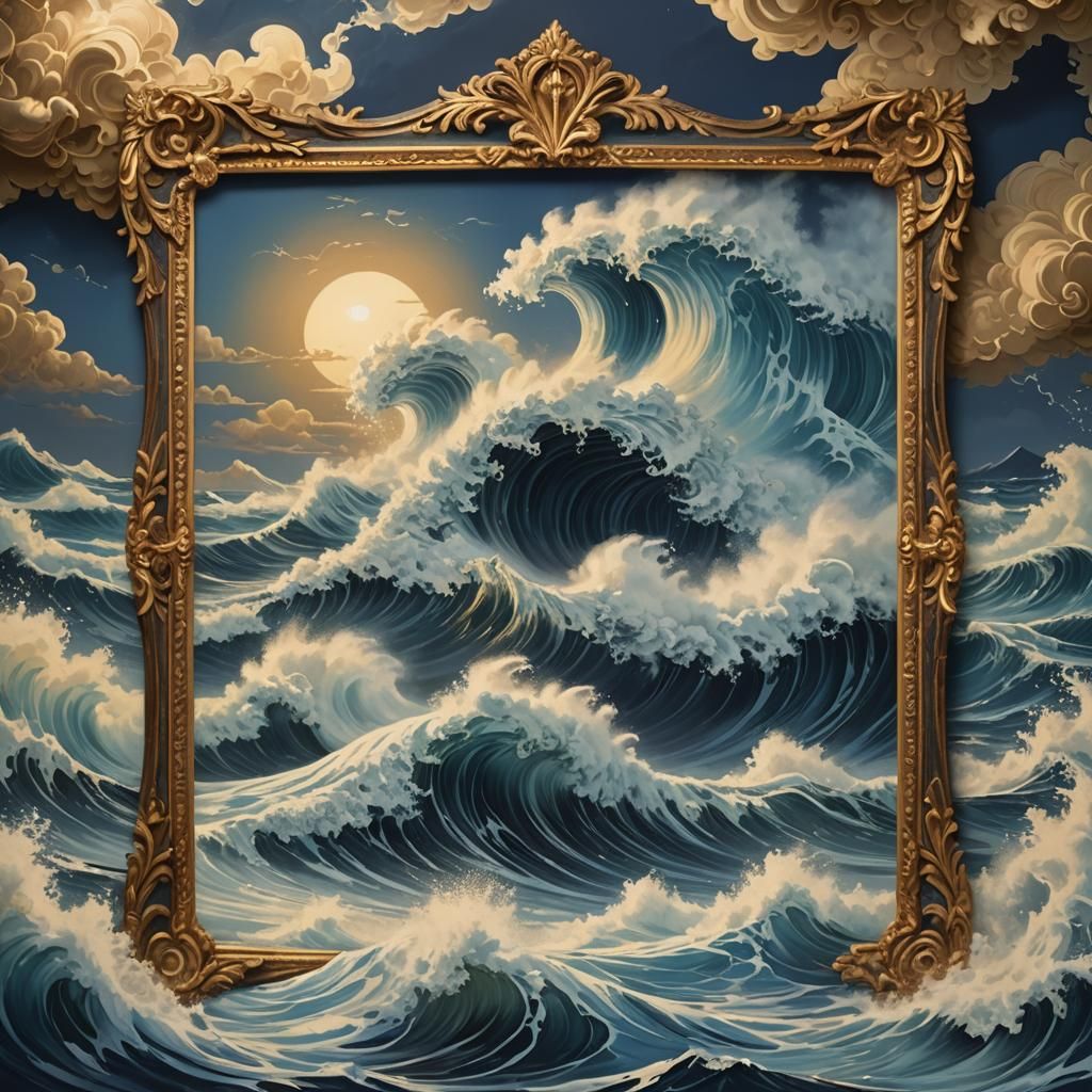 Turbulent Waves Reveal Strength Within Golden Ornate Frame