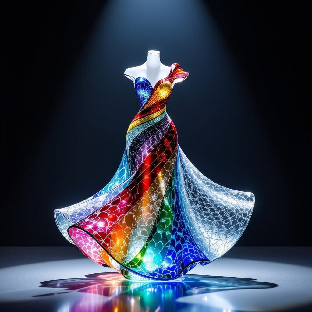 Sparkling Murano Glass Dress Displayed in Spotlight