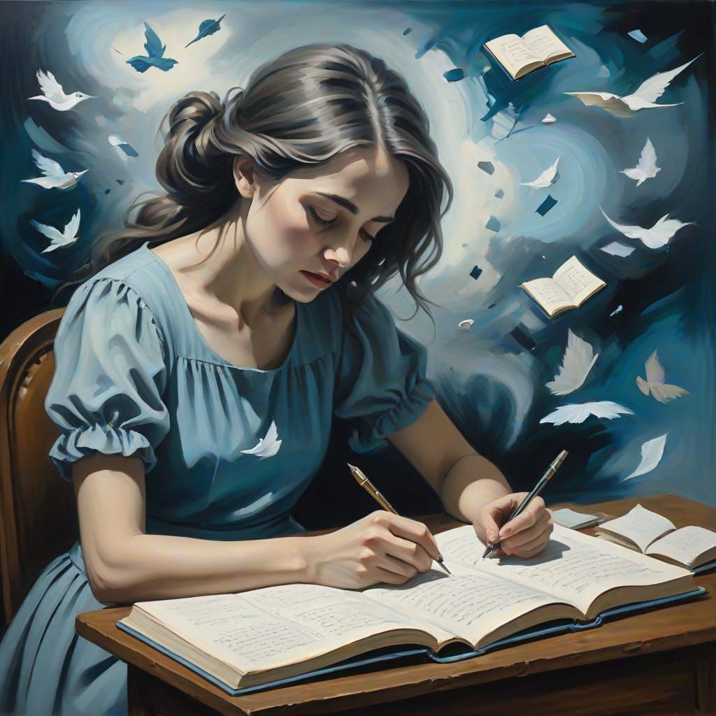 Surrealist Oil Painting of Woman Writing in Diary