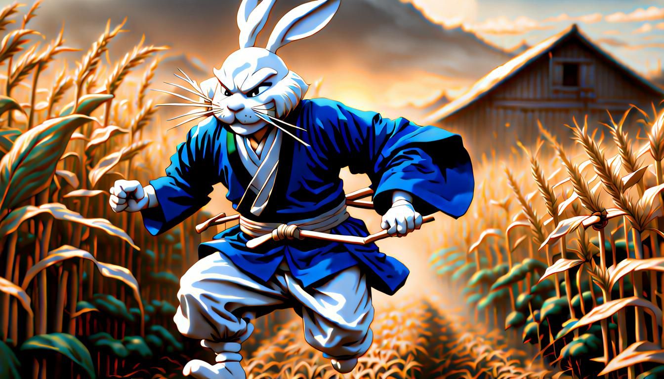 Usagi Yojimbo Rides Through a Dramatic Farm Landscape