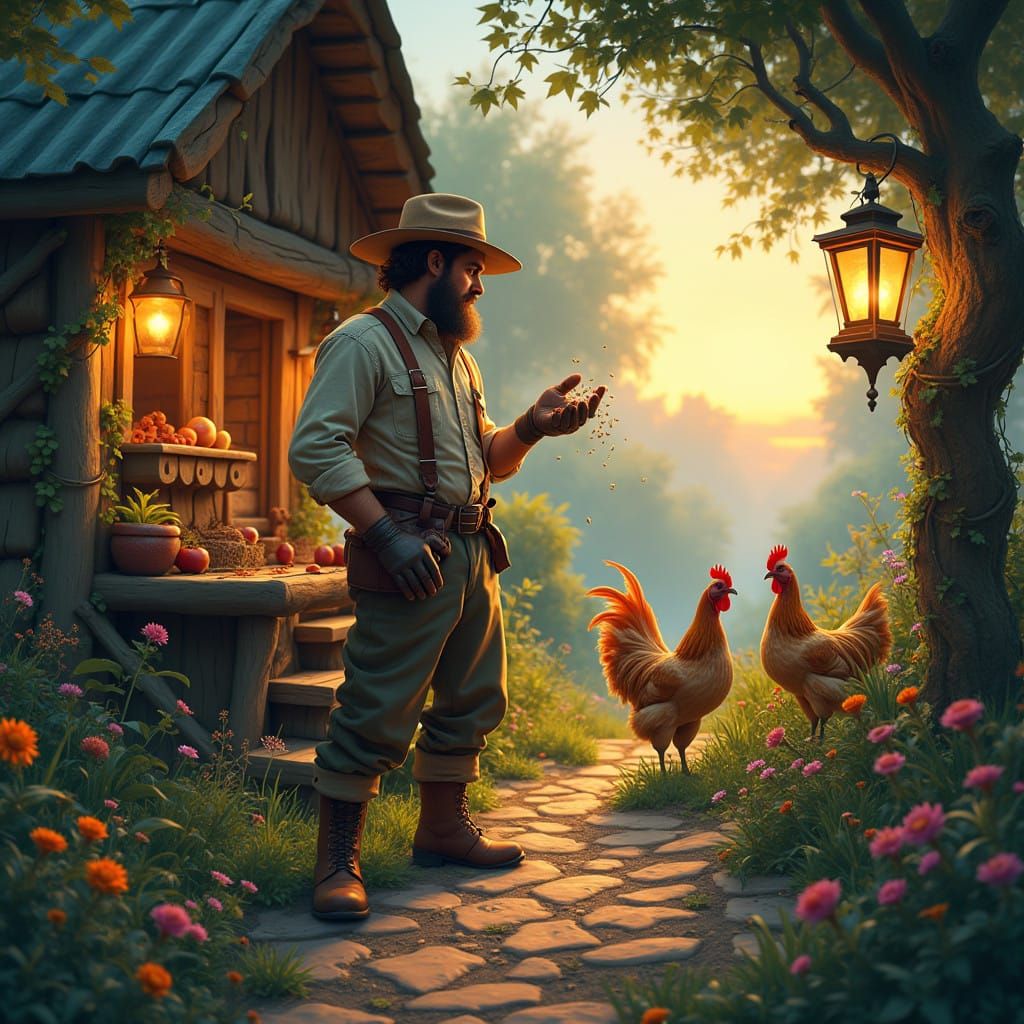 Farmer Sowing Seeds in Whimsical Chicken Coop Under Golden S...