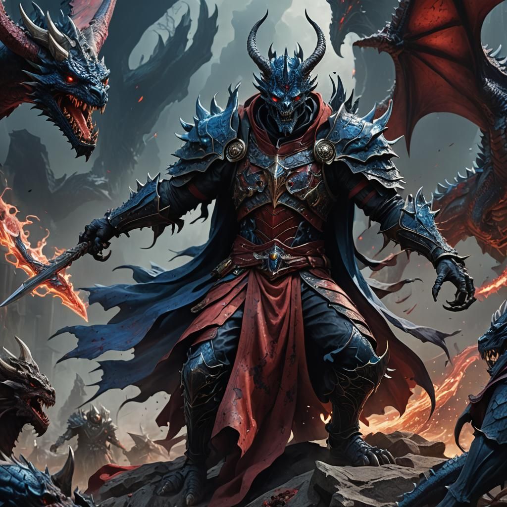 Lich Necromancer Rides Battle-Scarred Dragon in Fantasy Real...