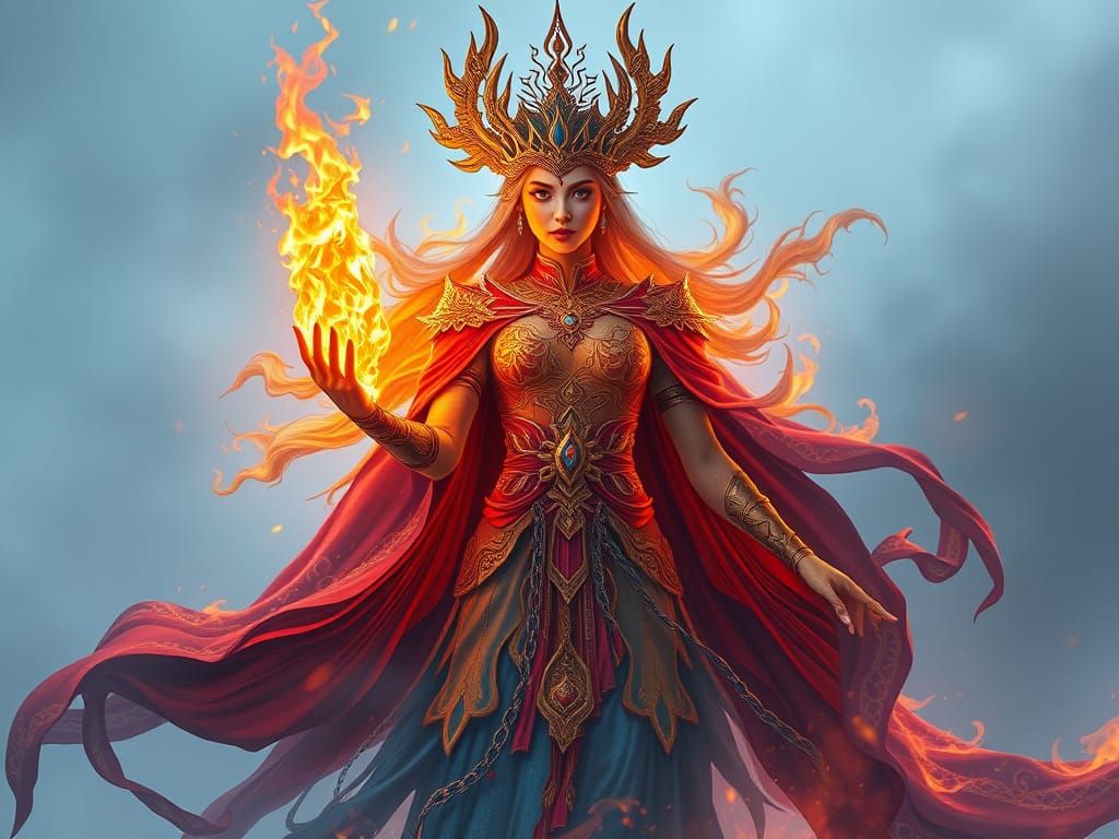 Goddess of Blazing Frost in Fiery Winter Landscape