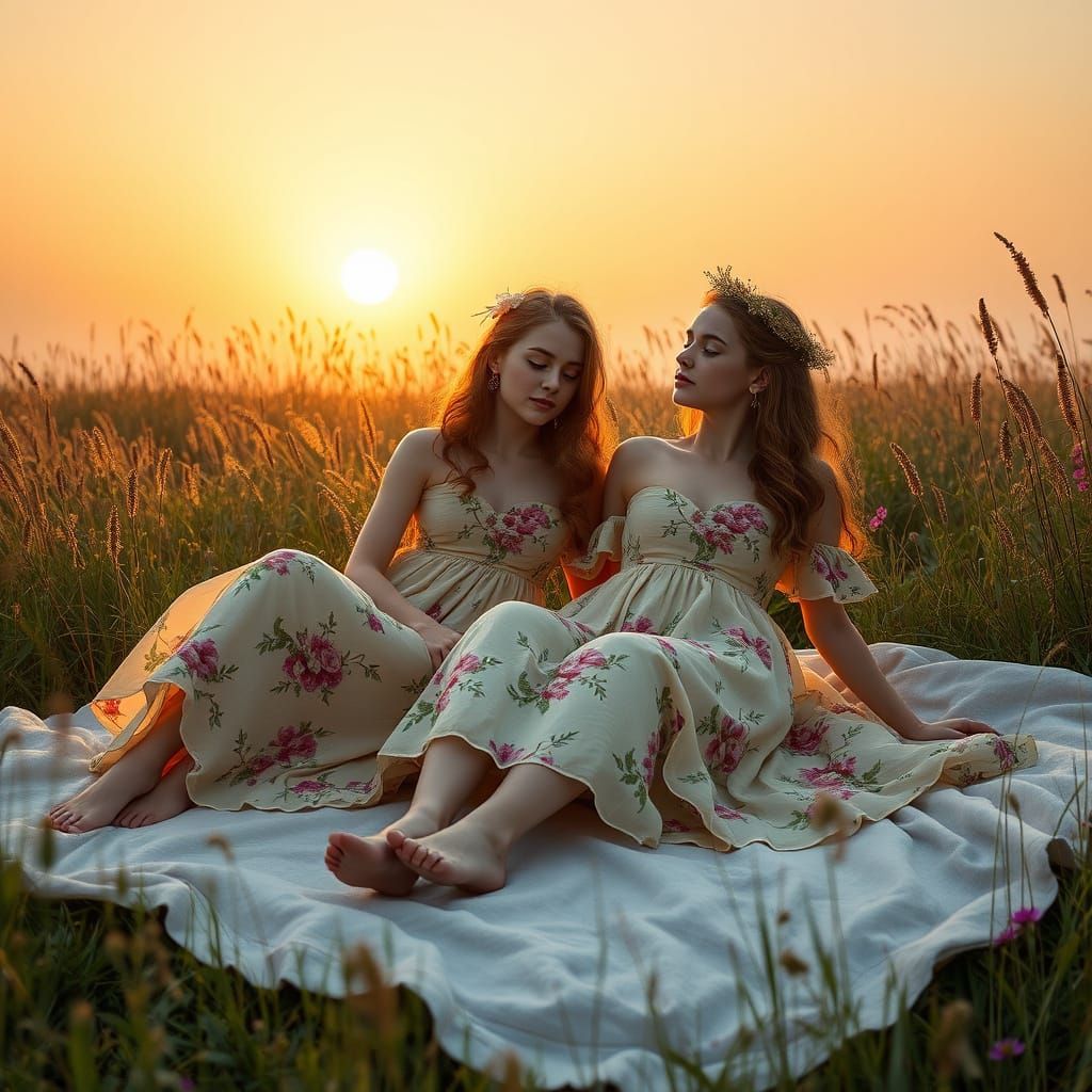 Golden Hour Meadow: Women in Floral Dresses