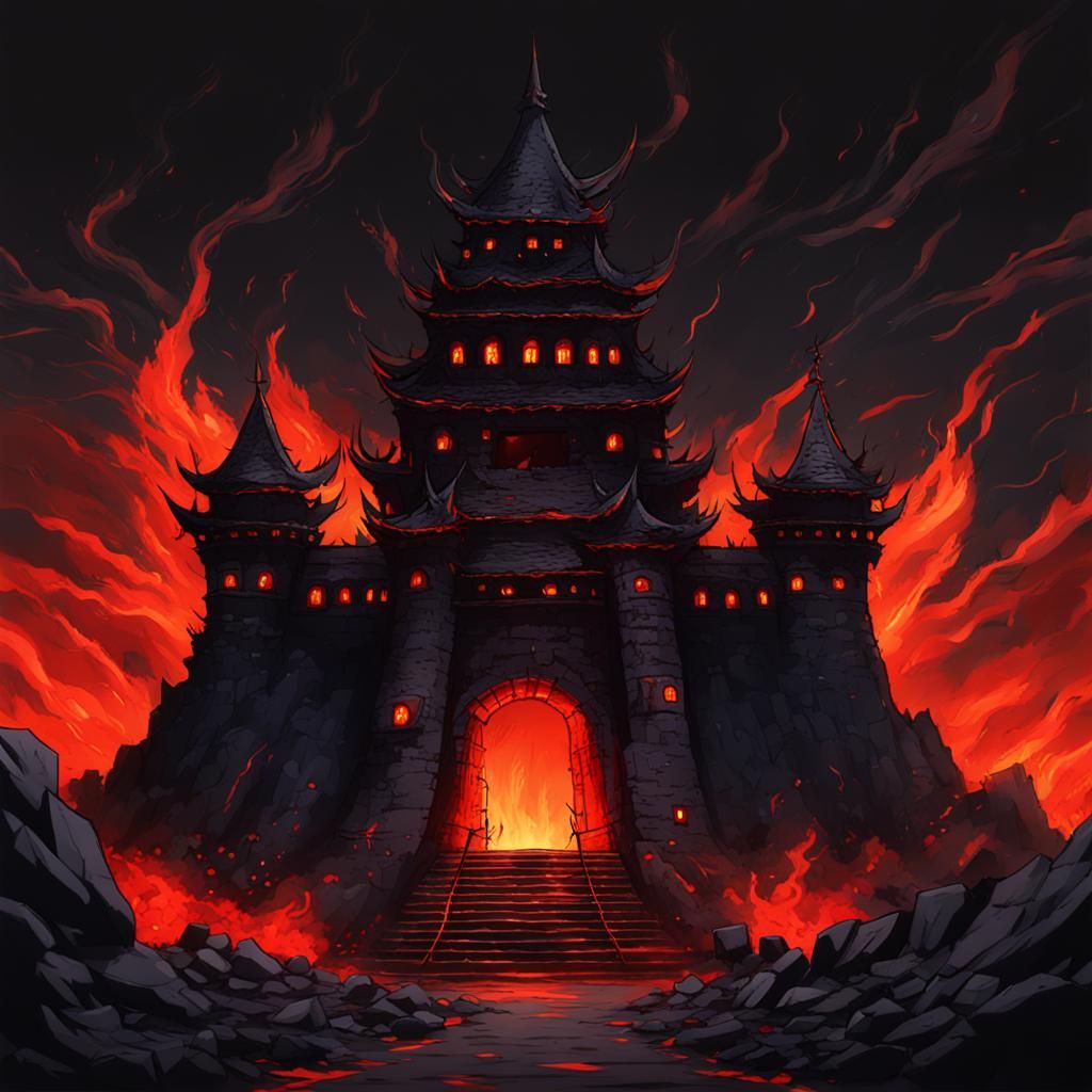 Dark Anime Demon Castle Rises from Fiery Depths