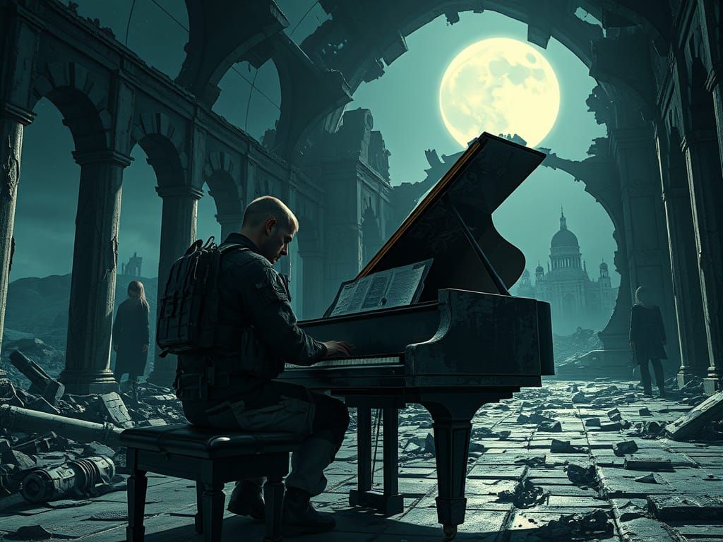 Soldier Plays Piano in Ruined Temple Under Moonlit Night