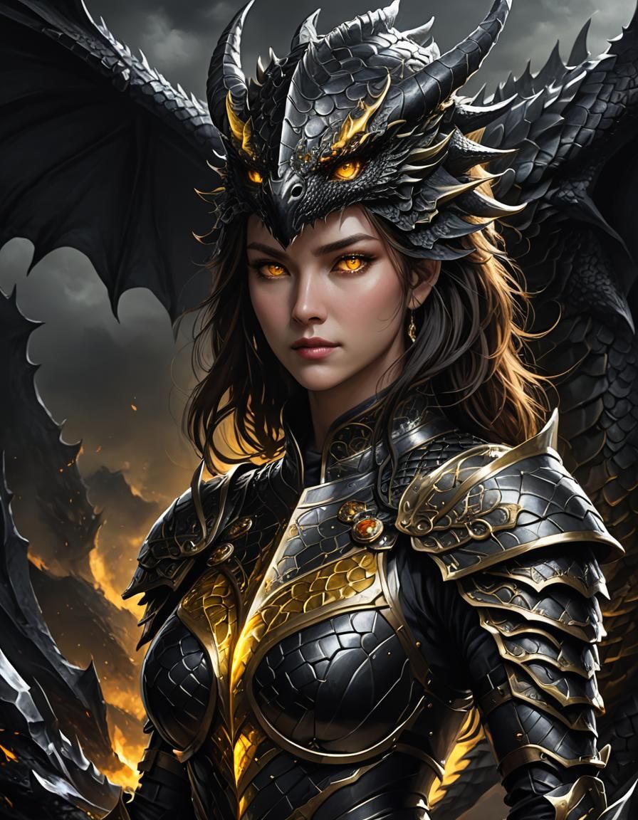 Mature Woman Wears Black Dragon Scale Armor in Dark Fantasy....