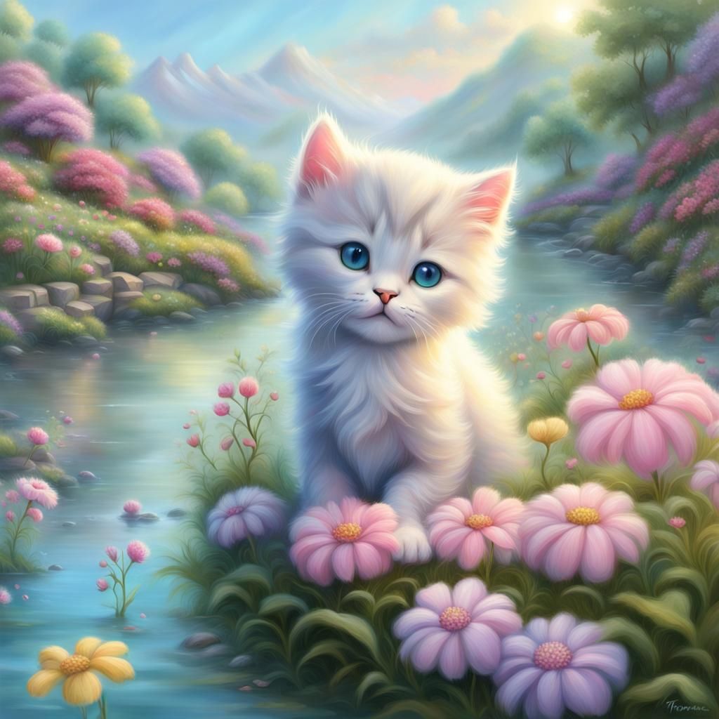 Kawaii Pastel Kitten in Ethereal Fantasy Scene