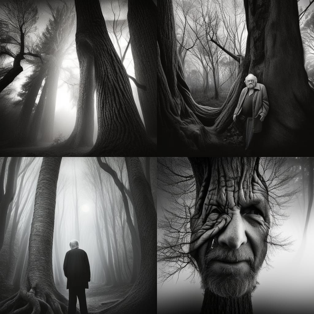 Mysterious Old Man in Moonlit Forest