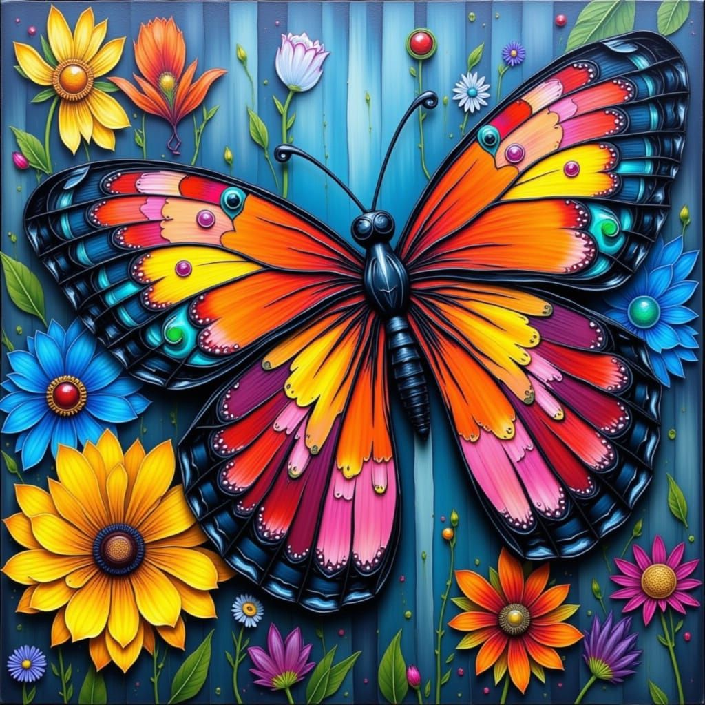 Impasto Butterfly Among Flowers in Vivid Colors