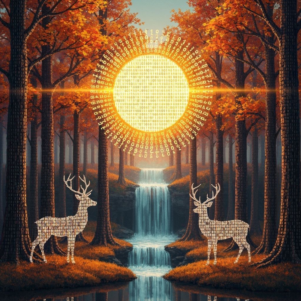 Binary Forest Scene with Algebraic Sun and Waterfall