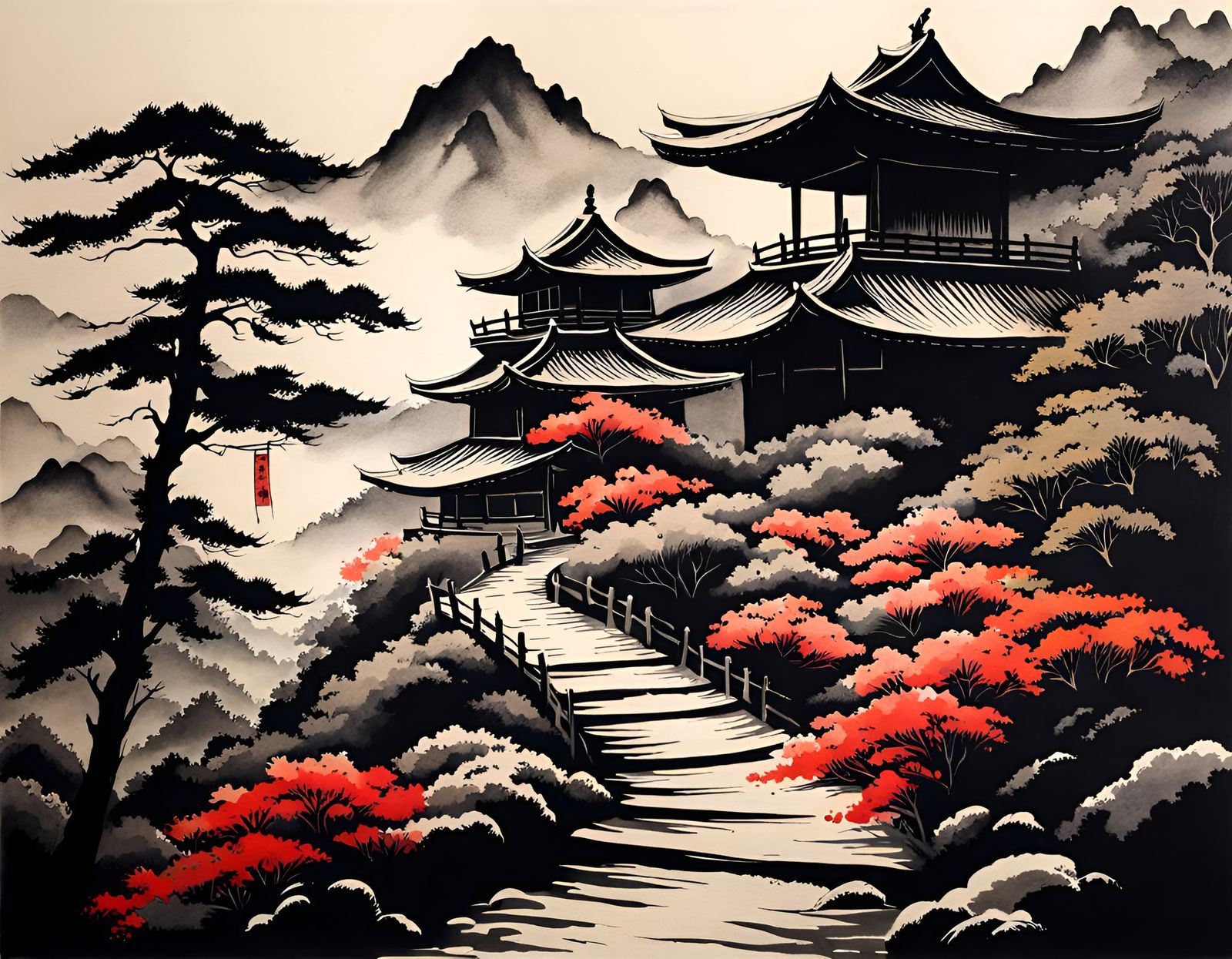 Japanese Ink Painting of a Winding Road to a Hidden Treasure