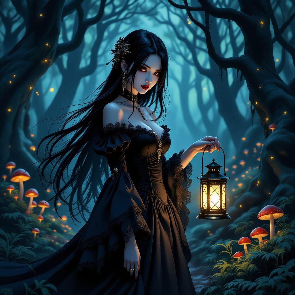 Gothic Japanese Woman in Dark Forest, Oil Painting