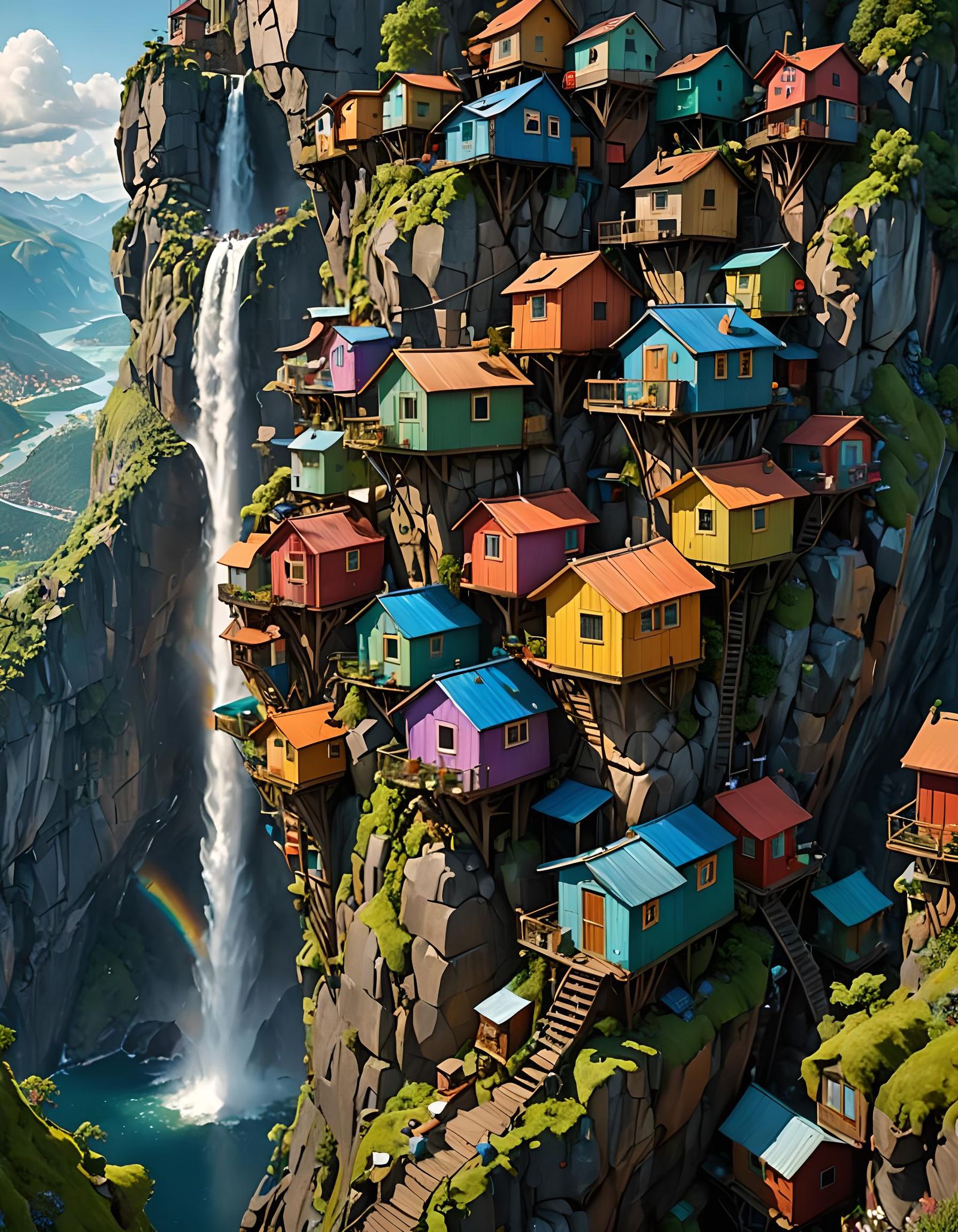 Vertical Cityscape in Vibrant Colors, Against a Majestic Mou...