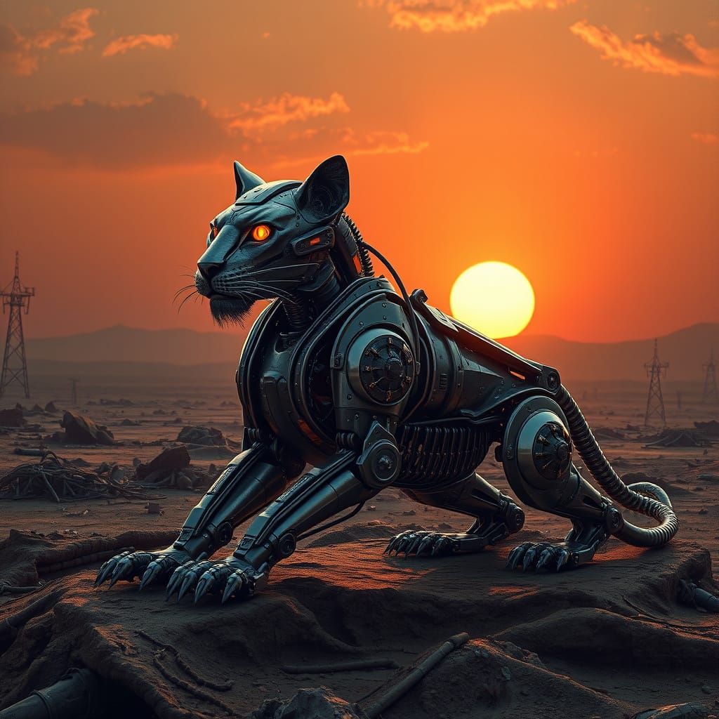 Cybernetic Sphinx Emerging from Industrial Ruins