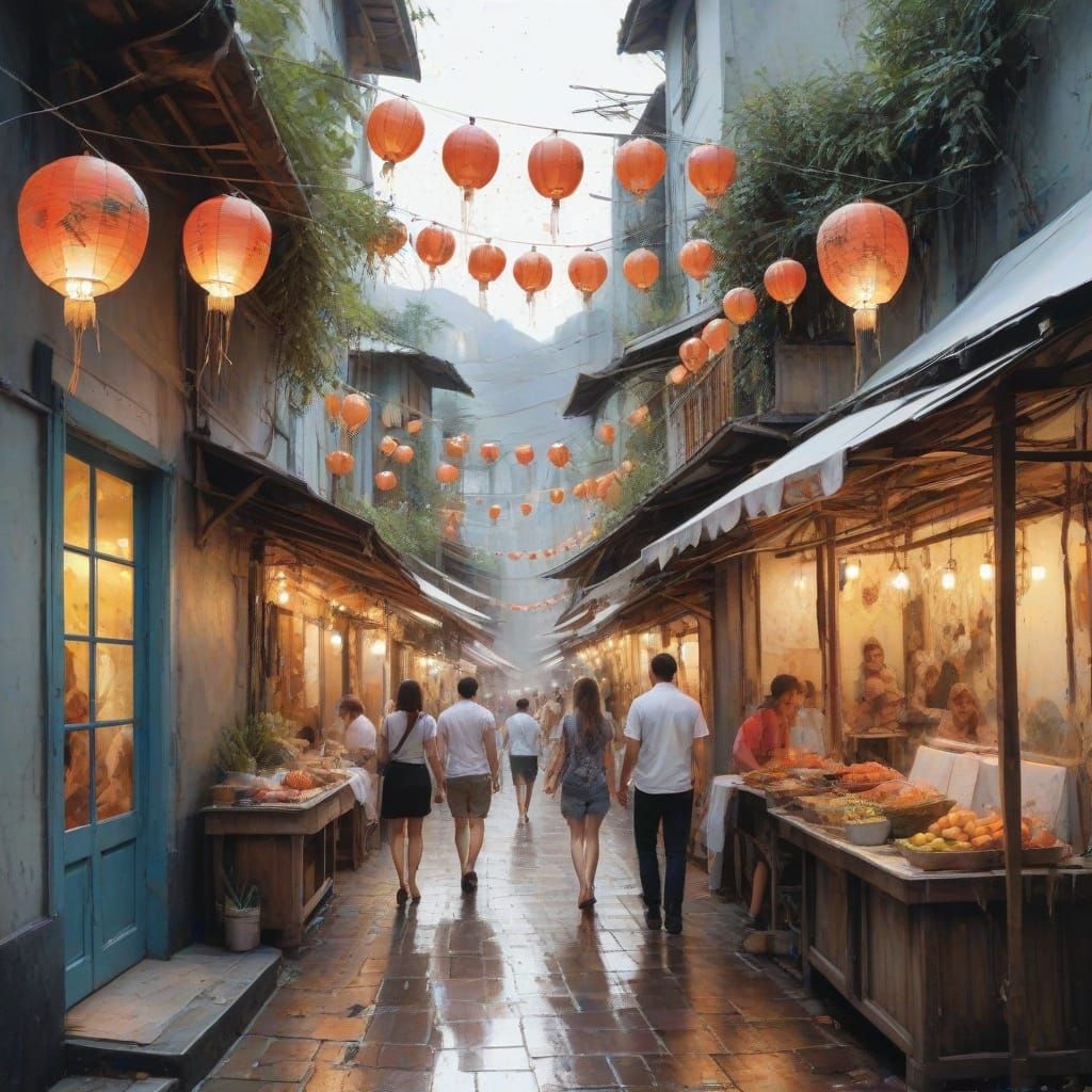 Island Street Market: Watercolour Painting with Lanterns