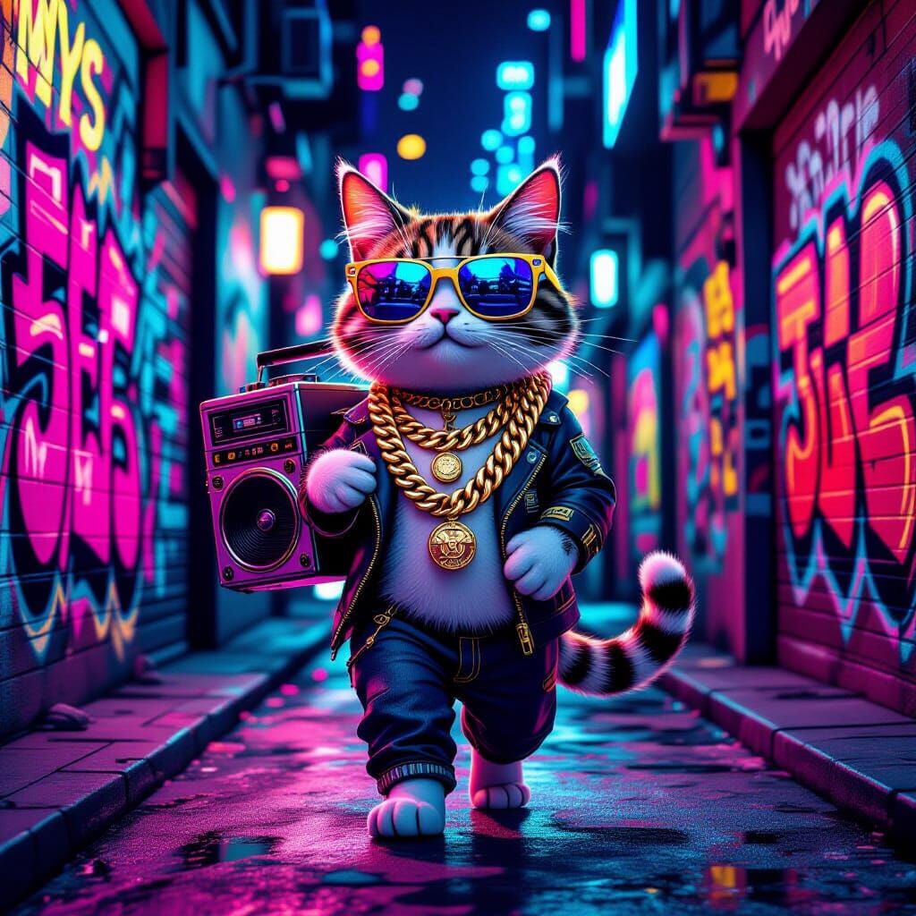 Funky Cat Strutting in Neon Alleyway, Cartoon Realism