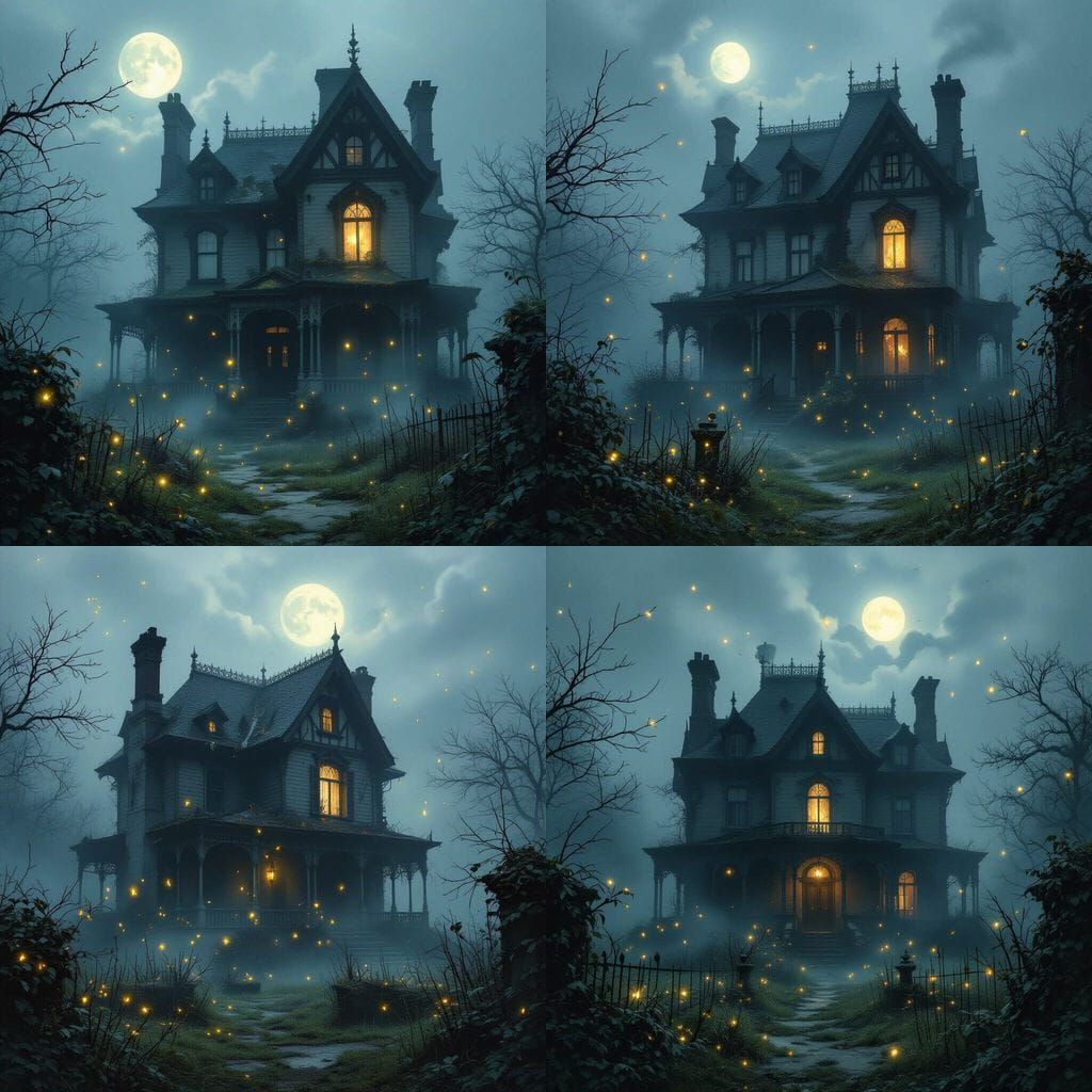 Gothic Victorian Mansion Shrouded in Mist with Ethereal Glow