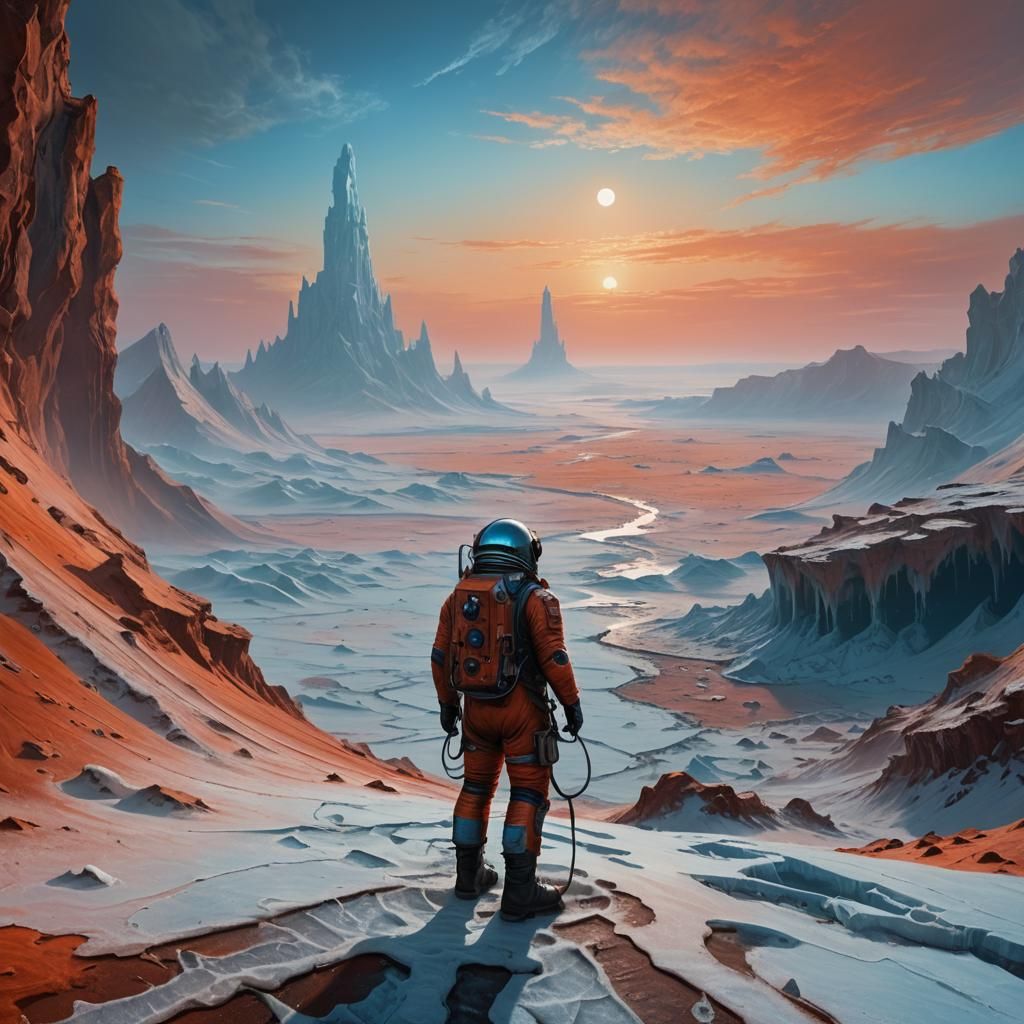 Lone Astronaut Stands on Mars' Frosty Horizon