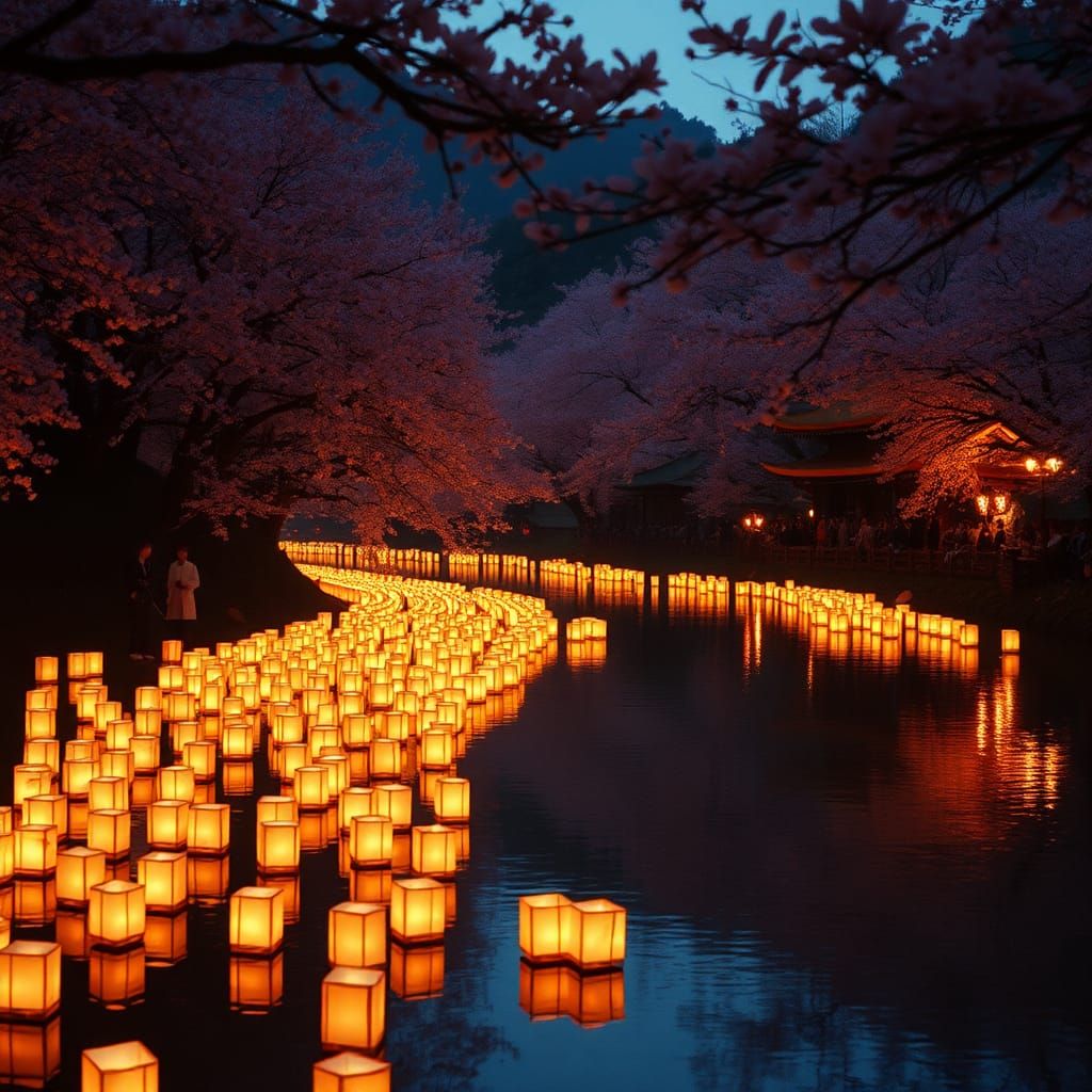 Glowing Lanterns Illuminated Cherry Blossoms on Serene River...