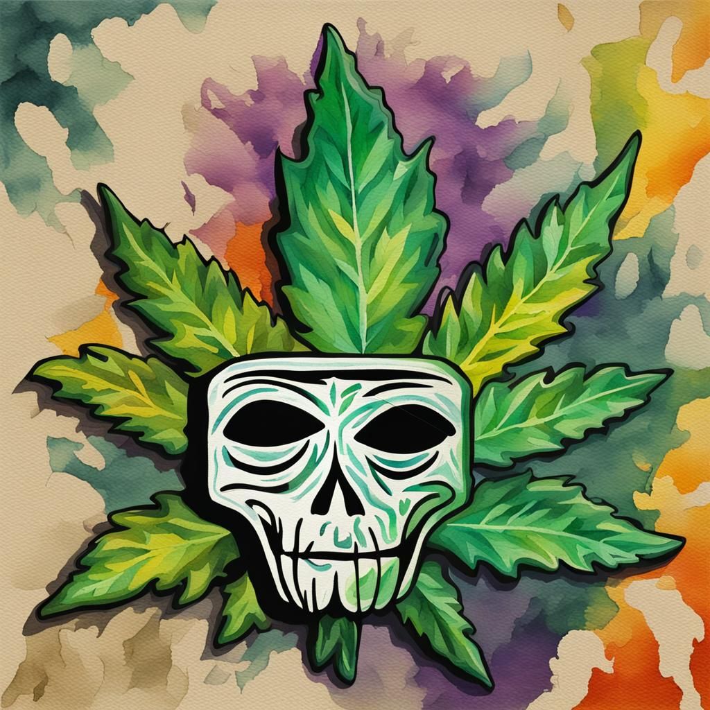 Spooky Logo Icon with Marijuana Leaf in Impasto Gouache Styl...