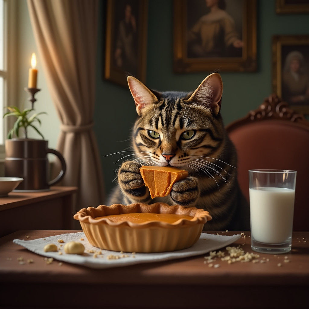 Regal Victorian Tiger Tabby Savoring Pumpkin Pie