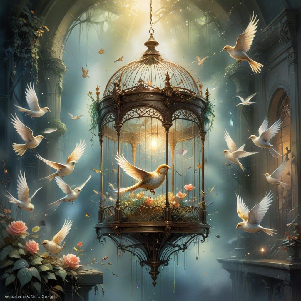 Golden Birdcage with Escaping Birds in Ethereal Watercolor S...