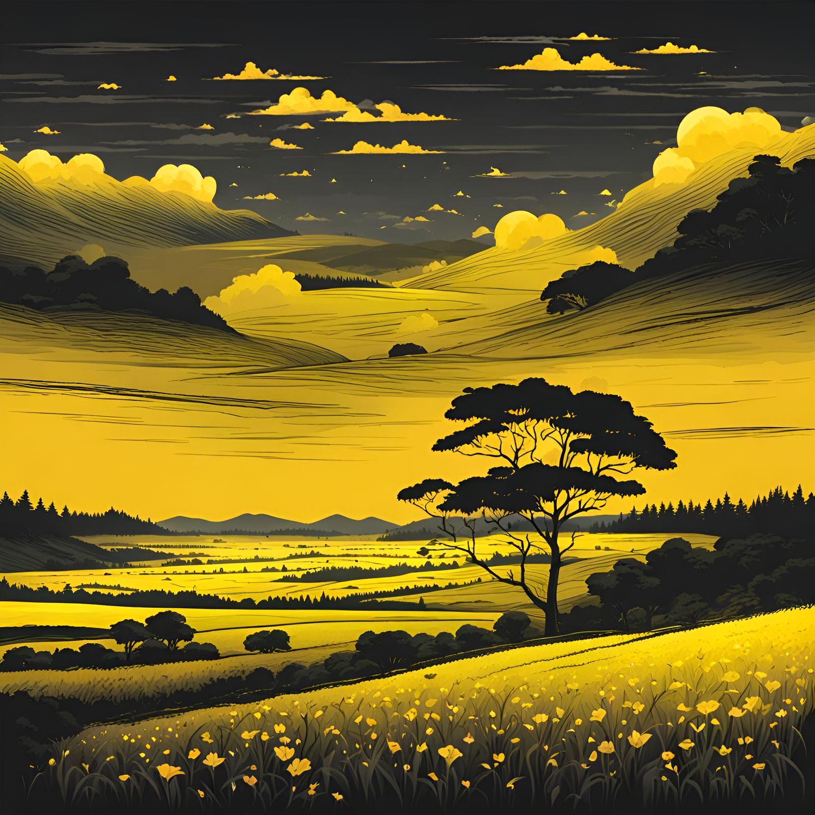 Vibrant Sunset Landscape with Golden Skies