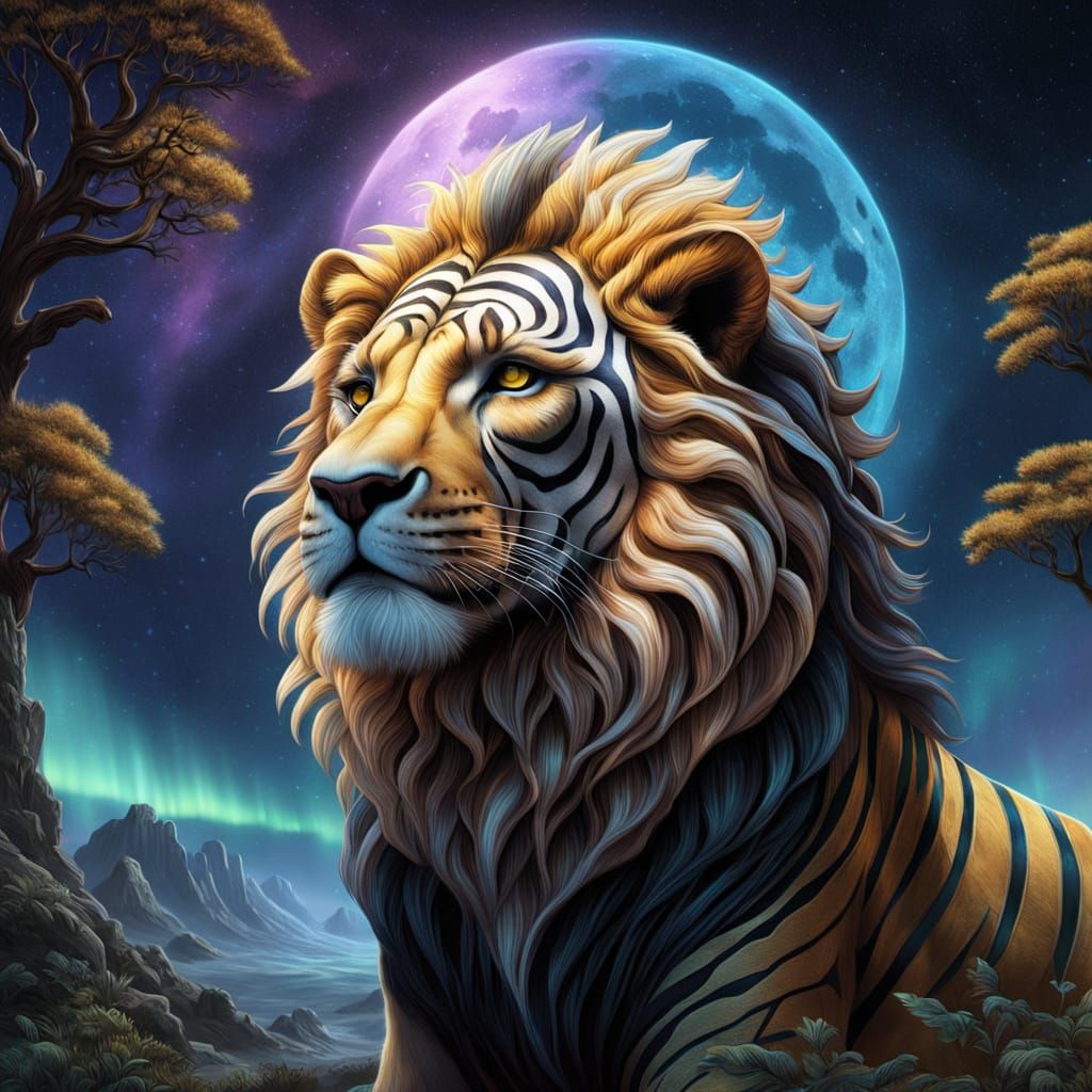 Majestic Lion Profile Blending into Moonlit Ruins and Cosmic...