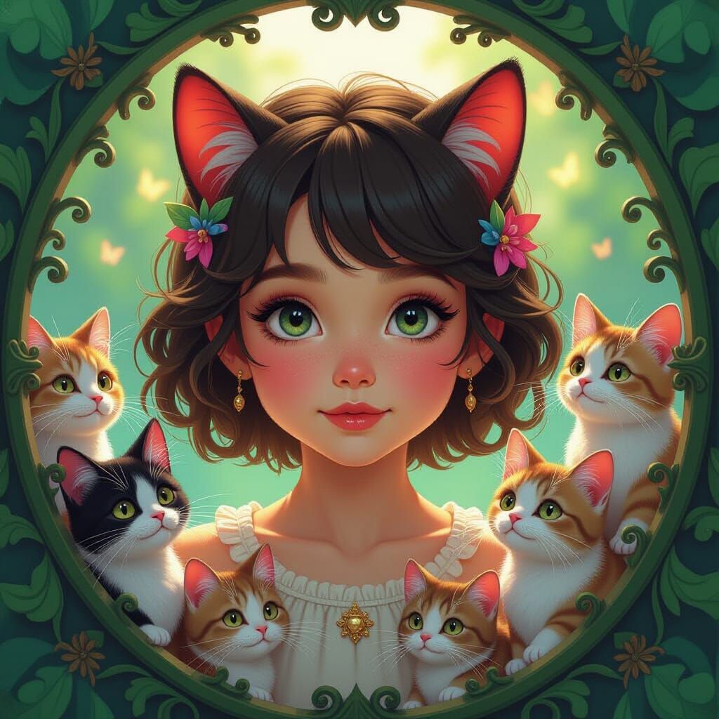 Girl Surrounded by Magical Creatures in Naive Art