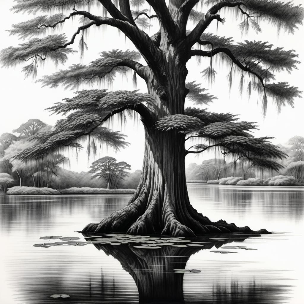 Ink Drawing of Majestic Bald Cypress Tree