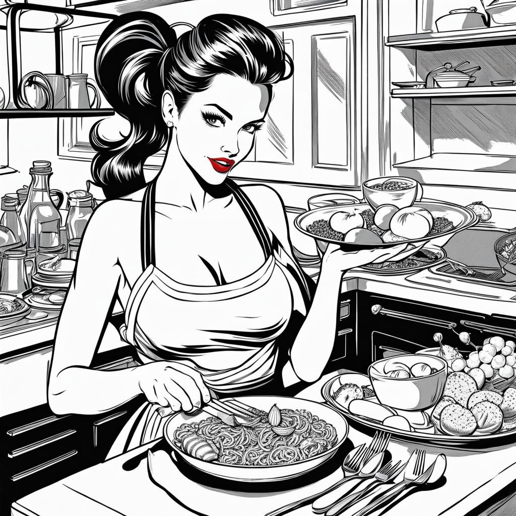 Sultry Black and White Line Art of a Brunette Serving Dinner
