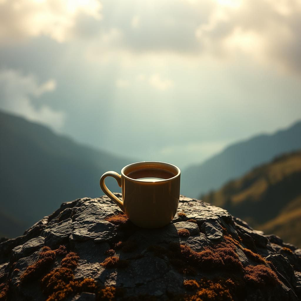 Steaming Mocha Coffee on Rocky Outcropping