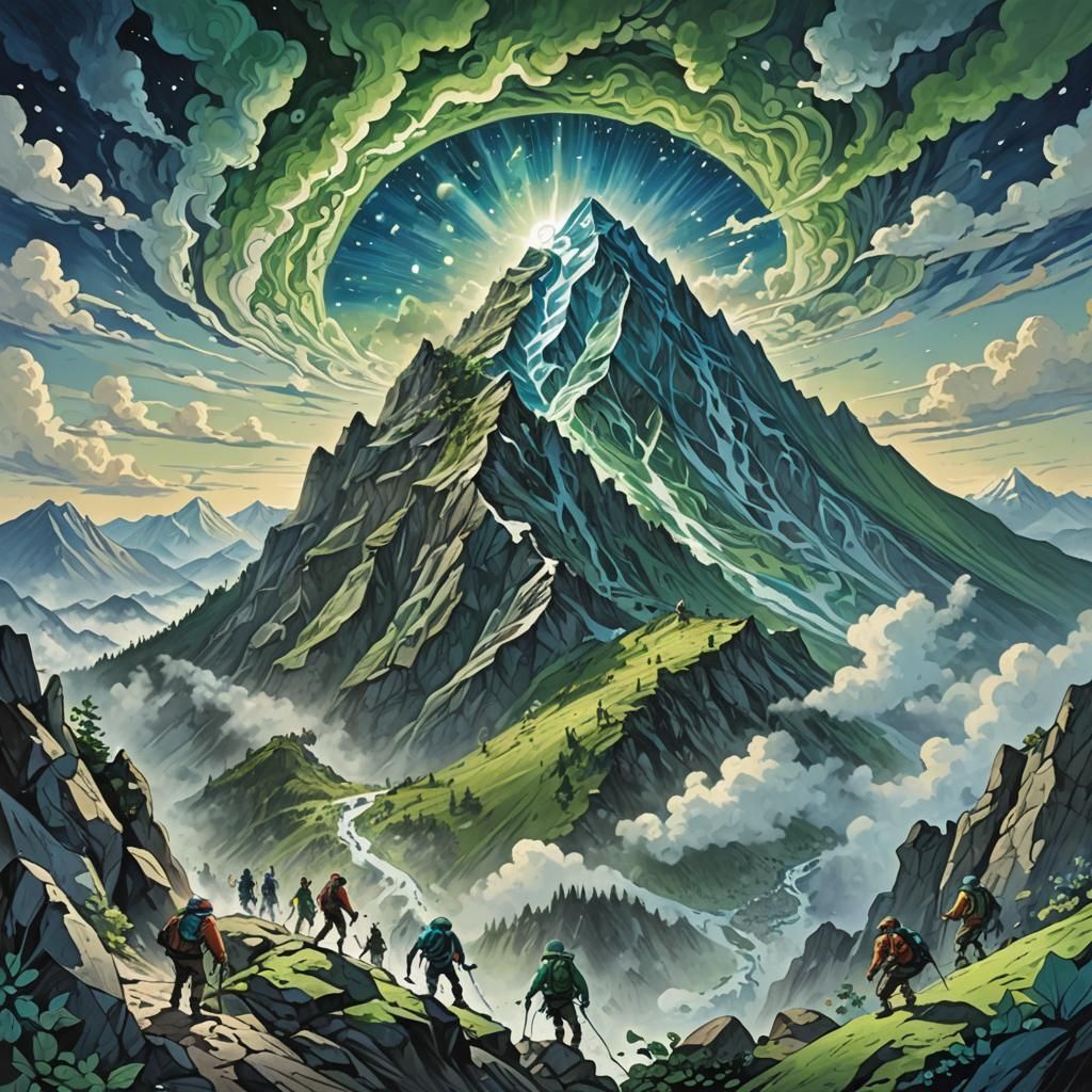 Mystical Mountain Gaze Over Brave Climbers in Dreamlike Land...