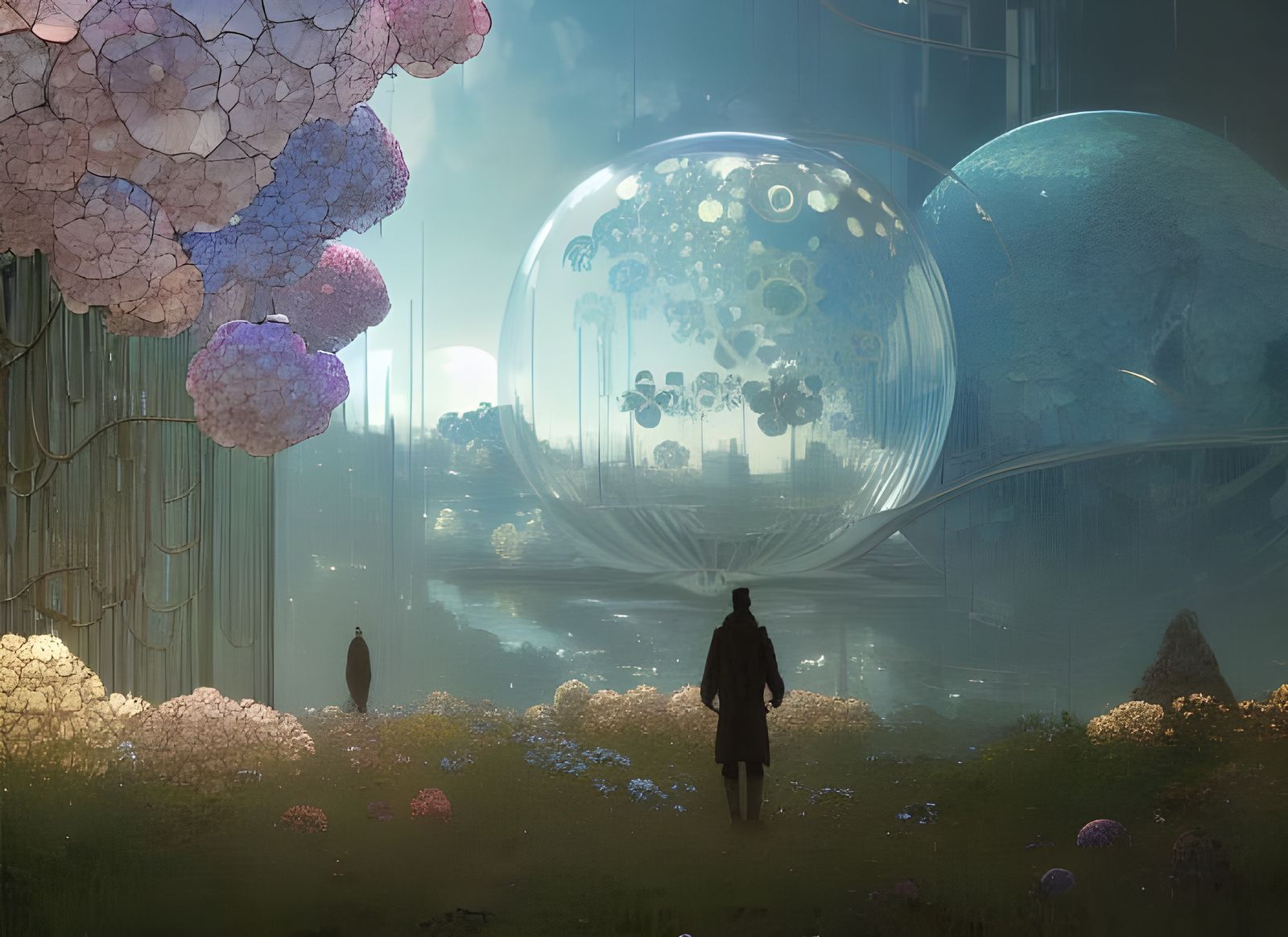Surreal Glass Hydrangea Blooms in Futuristic Planetary Garde...