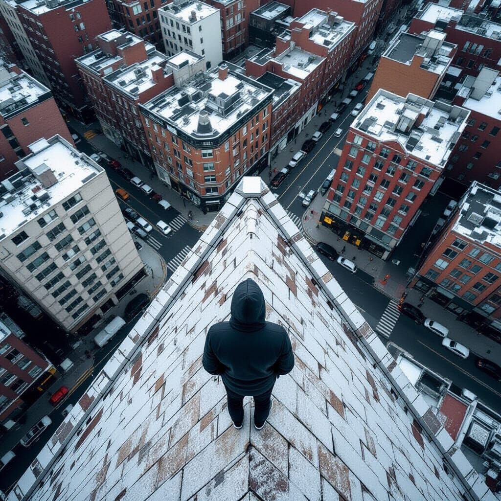Figure Observes Cityscape From Rooftop Vantage Point