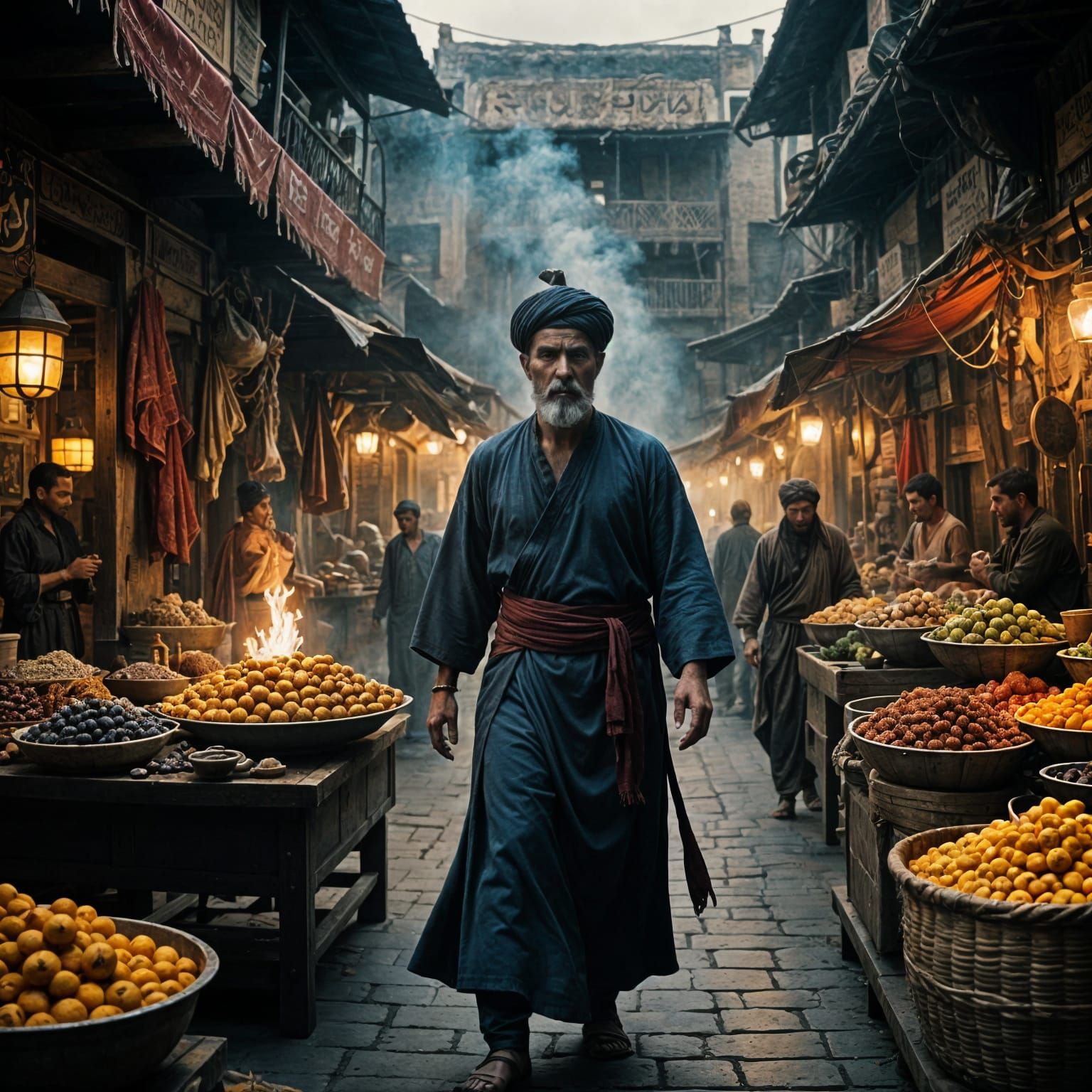 Surreal Genie Emerges from Ancient Vessel in Arab Market Sce...