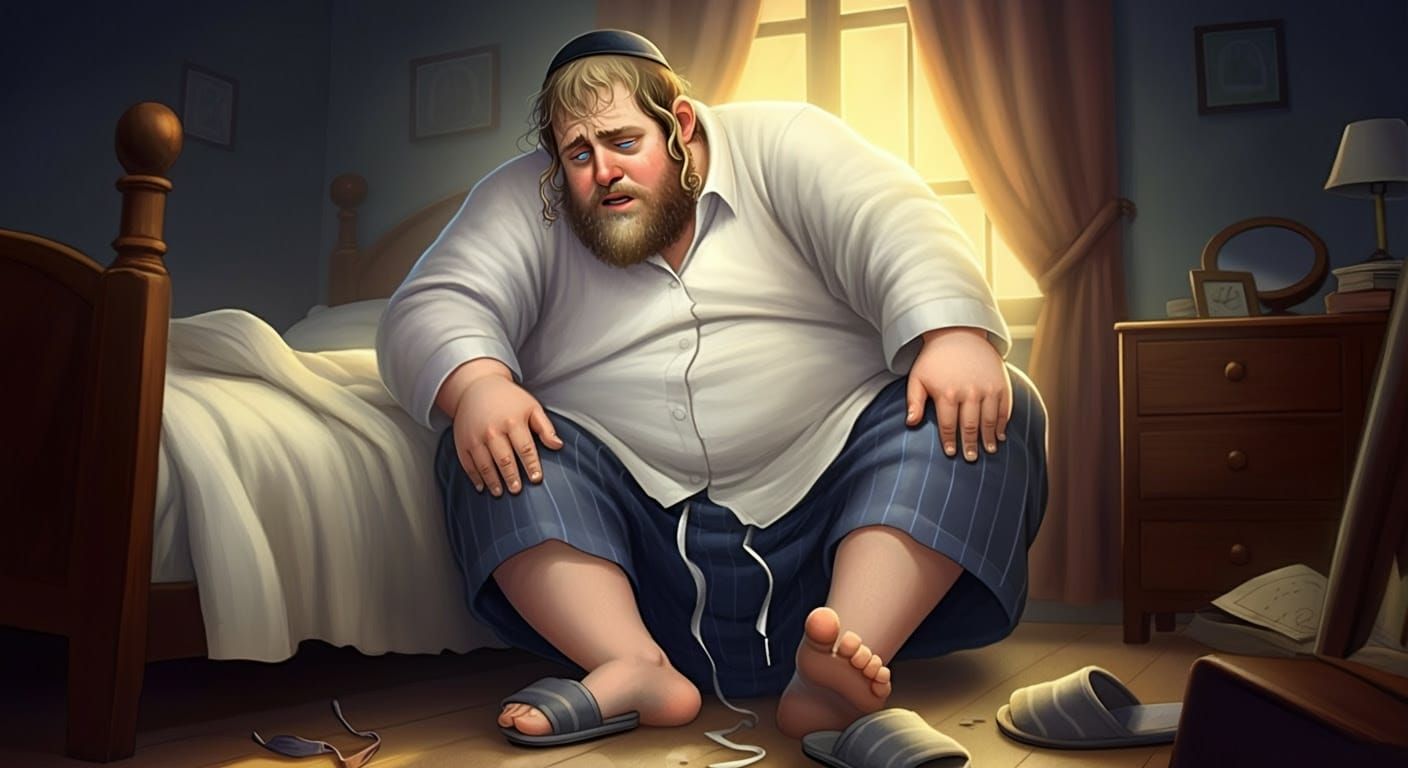 Digital Portrait of a Drowsy Hasidic Man in Morning Disarray