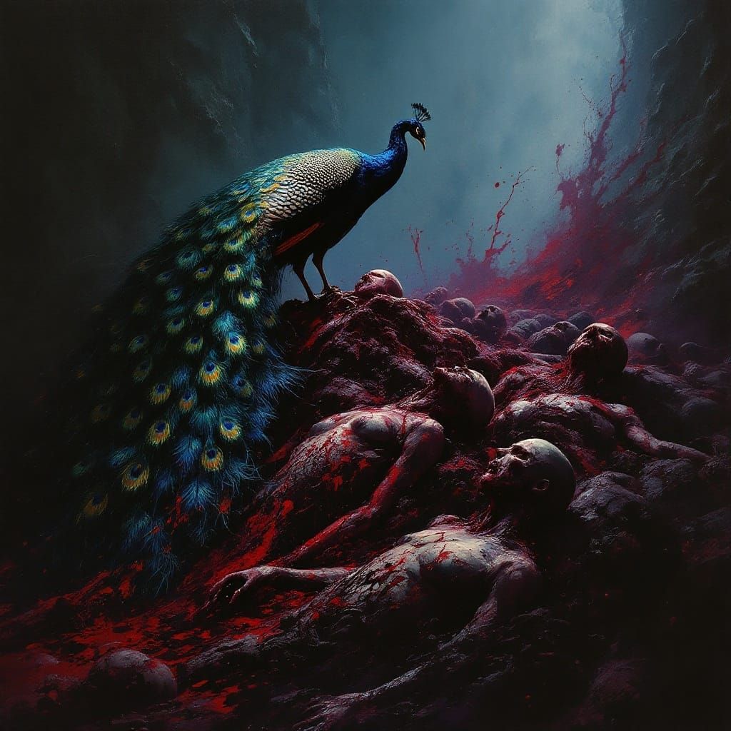 Surreal Impressionist Painting of a Peacock Among Bloody Cor...